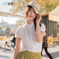 茵曼夏新款百搭全棉绣花翻领肌理花纹短袖衫衬衣白色衬衫女