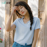 茵曼2018夏新款纯棉文艺绣花V领短袖T恤女上衣修身套头衫基本款