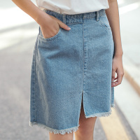 茵曼夏装新款小A摆时尚显瘦开叉不对称毛边牛仔裙半身裙短裙