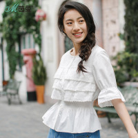 茵曼2018夏装新款白色全棉层层荷叶边花边中袖衬衣女文艺衬衫修