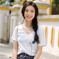 茵曼夏装新款纯棉文艺小清新雏菊绣花百搭白色V领T恤女短上