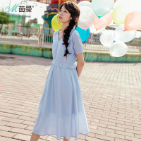 茵曼夏装纯棉纯色花边V领拼接荷叶边冷淡风连衣裙气质裙