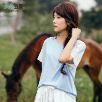 茵曼2018夏装新款莫代尔棉质圆领拼镂空花边宽松T恤女套头衫上衣