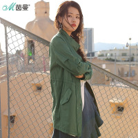 茵曼女装春纯棉立领抽绳修身风衣外套女式早春薄款外搭