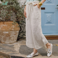茵曼春新款白色系带苎麻阔腿裤女宽松休闲棉麻长裤显瘦百搭