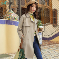 茵曼春新款纯色西装领搭片双排扣系带中长款风衣外套女修身