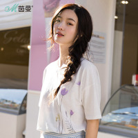 茵曼T恤女2018夏季新品可爱减龄植物印花宽松显瘦短袖衫上衣全棉