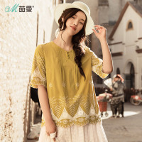 茵曼夏纯棉文艺绣花V领波浪花边娃娃衫短袖套头衬衫女