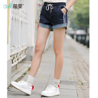 茵曼夏运动风橡筋腰猫须翻边弹力牛仔裤短裤热裤女裤子