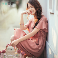 茵曼夏新款镂空蕾丝船领优雅荷叶边袖收腰气质连衣裙雪纺裙
