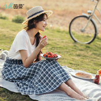 茵曼夏装V领短袖拼接假两件木耳边文艺范格子连衣裙长裙