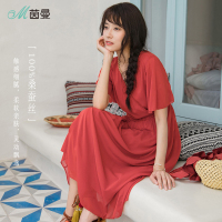 茵曼夏装V领飞飞袖木耳皱褶桑蚕丝连衣裙真丝裙仙气飘逸