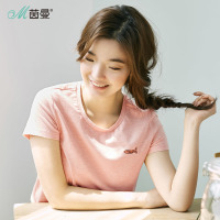 茵曼2018夏装新款弹性棉可爱鱼骨印绣花短袖T恤女短款修身套头衫