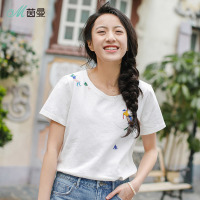茵曼2018夏装新款棉质圆领可爱减龄文艺范绣花白色短袖T恤女学生