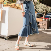 茵曼夏装新款系带高腰毛边不规则荷叶裙摆棉麻牛仔裙半身裙女
