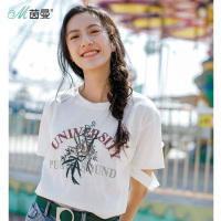 茵曼2018夏装新款纯棉圆领个性开裂袖口印绣花T恤女套头衫ins时尚
