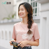 茵曼夏装新款纯棉圆领立体绣花上衣宽松休闲百搭短袖T恤女