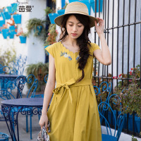 茵曼夏装新款花边V领绑带绣花收腰短袖黄色连衣裙气质中长裙