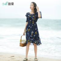 茵曼夏装雪纺碎花圆领橡筋收腰短袖连衣裙女