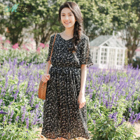 茵曼新款V领荷叶边松紧腰皱褶黑色碎花裙子夏季连衣裙中长裙