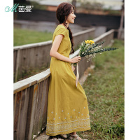 茵曼裙子夏新款纯棉船领小盖袖黄色绣花连衣裙女小清新长裙