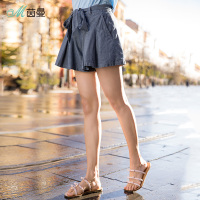 茵曼裤子夏纯棉高腰系带腰带褶皱摆休闲短裤女显高显瘦
