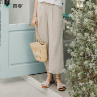茵曼裤子夏装新款亚麻中腰卡其色暗条纹阔腿裤七分裤休闲裤女