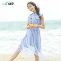 茵曼夏装新款立领口袋橡筋收腰双层拼接网纱牛仔无袖连衣裙女