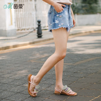 茵曼夏装个性刮纱绣花全棉牛仔短裤热裤女