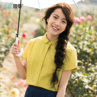 茵曼夏新款棉质提花布圆角翻领开叉短袖黄色衬衫女衬衣小衫