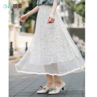 茵曼夏装高腰显瘦百搭A字双层纱裙碎花雪纺半身裙
