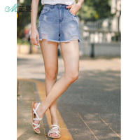 茵曼女夏水洗全棉散边休闲显瘦短裤破洞个性提臀牛仔裤女