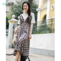 茵曼夏装文艺字母T恤格子带假两件荷叶摆连衣裙中长裙