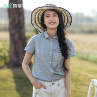 茵曼夏装新款纯棉洗皱布文艺范字母刺绣娃娃领条纹衬衫女衬衣