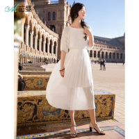 茵曼裙子夏装新款船领灯笼袖中袖白色仙气连衣裙女百褶气质裙