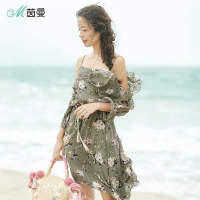 茵曼夏装带一字领系带不规则下摆碎花连衣裙雪纺度假裙