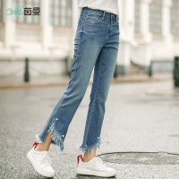 茵曼秋季新款高腰珍珠毛边不规则裤脚微喇叭牛仔裤女长裤
