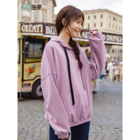 茵曼2018秋装新款连帽抽绳宽松落肩长袖时尚休闲卫衣女套头上衣