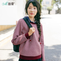 茵曼女秋冬装新款文艺撞色宽松连帽休闲纯色套头卫衣女长袖上衣