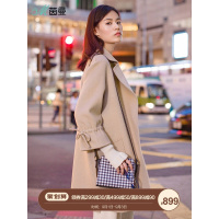 茵曼2018秋装新款松紧带七分袖100%羊毛双面呢大衣毛呢外套女中长