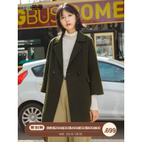 茵曼秋冬新款纯色翻领口袋七分袖羊毛双面呢大衣女毛呢外套