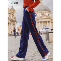 茵曼秋装新款纯色时尚拼接橡筋腰高贵丝绒阔腿裤长裤女直筒裤