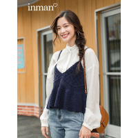 茵曼2018秋装新款纯色花边V领镂空提花可爱风减龄毛衣带背心女