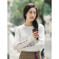 茵曼2018秋装新款圆领绣花插肩长袖针织衫宽松时尚套头毛衣女上衣