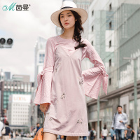 茵曼冬装新款文艺小碎花V领无袖带连衣裙女百搭