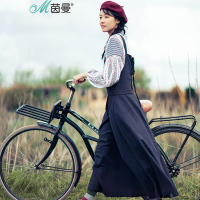 茵曼秋装新款净色棉麻宽松中长款A摆背带连衣裙女