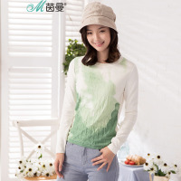 茵曼秋装新款文艺渐变提花圆领长袖套头针织衫女