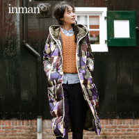 茵曼冬装新款时尚印花连帽中长款羽绒服外套女