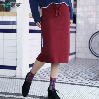 茵曼2018春装新款松紧腰纯色显瘦包臀一步针织裙女秋冬半身裙子
