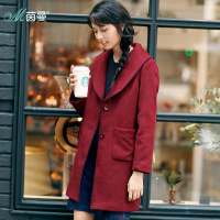 茵曼女冬款绣线大翻领毛呢外套女中长款呢子大衣